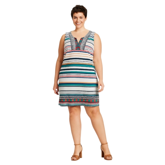 Madison Leigh Women's Plus Stripe V Neck Blue Orange Midi Dress Size 18W - Picture 1 of 5